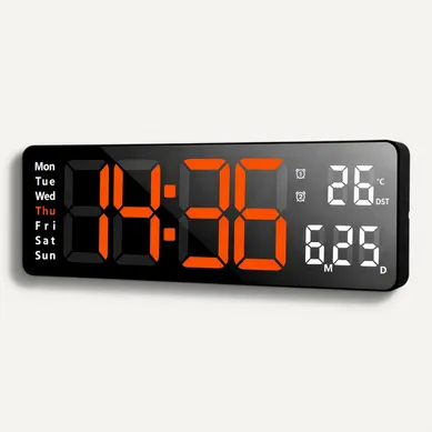 Horloge Murale LED 13", Télécommande, Date Et Température, 10 Niveaux, Abs Noir, Lumière Orange