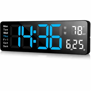 Horloge Murale LED 13", Télécommande, Date Et Température, 10 Niveaux, Abs Noir, Lumière Bleu