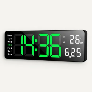 Horloge Murale LED 13", Télécommande, Date Et Température, 10 Niveaux, Abs Noir, Lumière Verte