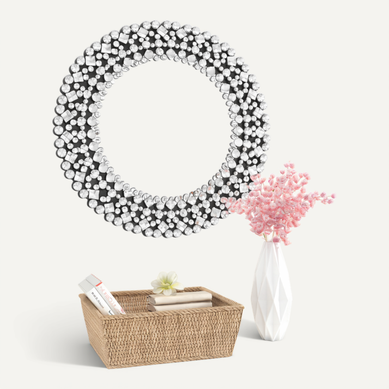 Miroir Mural Rond Argenté À Facettes Décor Cristal 86 Cm
