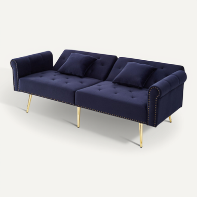 Canapé Convertible 2 Places York En Velours Bleu Marine - Accoudoirs Ajustables - Neuf