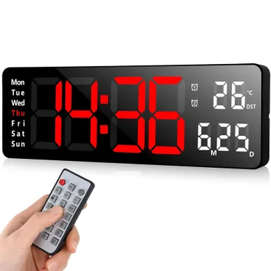 Horloge Numérique LED 13 Pouces Rouge Avec Température, Minuterie, Compte À Rebours Et Télécommande