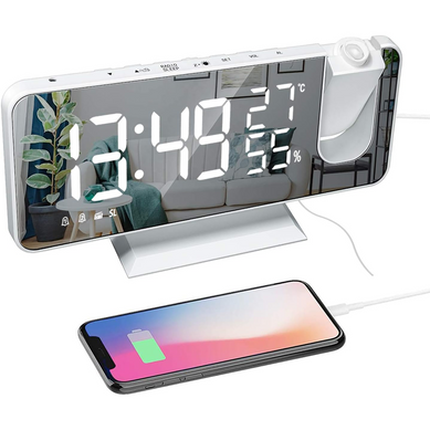 Radio Réveil Fm Avec Double Alarme, Projection 180°, Température Humidité Et écran LED