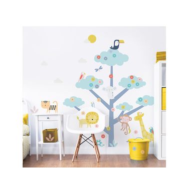 Sticker Geant Arbre Et Animaux De La Jungle Avec Girafe, Éléphant, Lion, Singe, Et Oiseaux 152cm