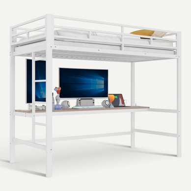 Lit Mezzanine Enfant/ado 90x200 Avec Bureau - Éclairage LED, Ports USB/Type-C, échelle, Tiroirs Et Portant, En Pin Et MDF