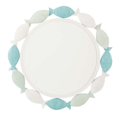 Miroir Mural En Métal "poisson" 76cm Blanc et Bleu
