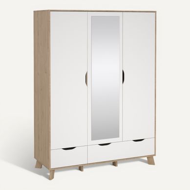 Armoire 3 portes 2 tiroirs IKAST miroir imitation chêne vue 3/4