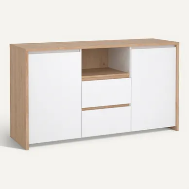 Buffet 2P/2T MOSS Blanc laqué / imitation chêne vue 3/4