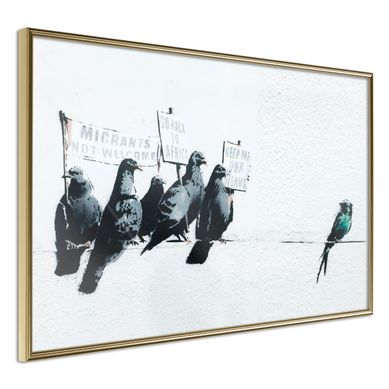 Affiche Murale Encadrée "banksy Pigeons" 60 X 40 Cm Doré