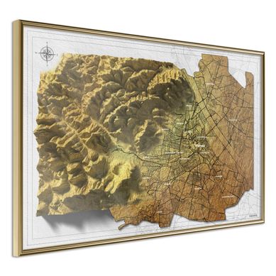 Affiche Murale Encadrée "raised Relief Map Vienna" 60 X 40 Cm Doré