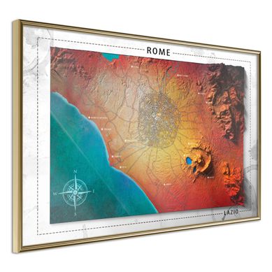 Affiche Murale Encadrée "raised Relief Map Rome" 90 X 60 Cm Doré
