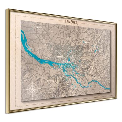 Affiche Murale Encadrée "raised Relief Map Hamburg" 45 X 30 Cm Doré