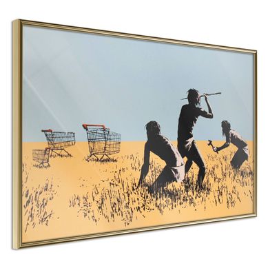Affiche Murale Encadrée "banksy Trolley Hunters" 45 X 30 Cm Doré