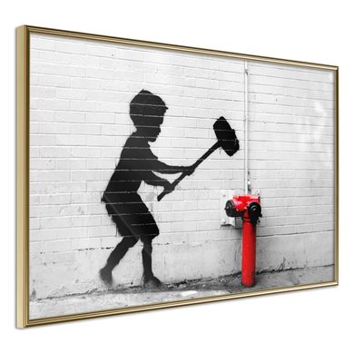 Affiche Murale Encadrée "banksy Hammer Boy" 30 X 20 Cm Doré