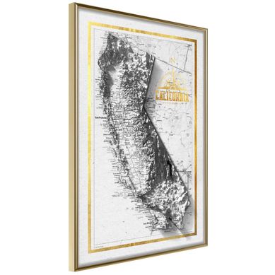 Affiche Murale Encadrée "raised Relief Map California" 21 X 30 Cm Doré