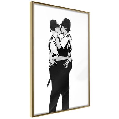 Affiche Murale Encadrée "banksy Kissing Coppers I" 30 X 42 Cm Doré