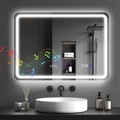 Miroir Salle De Bain Lumineux LED Avec Bluetooth Et Horloge Argenté 50x3.5x70 Cm