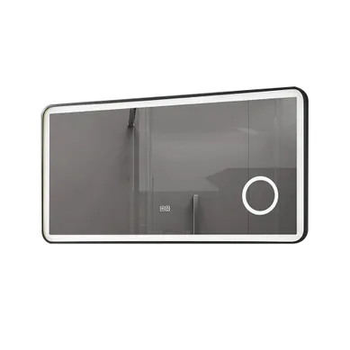 Miroir Salle De Bain LED 90x60cm Anti Buée Avec Cadre En Aluminium Noir Et Loupe X3 Lb-4685b
