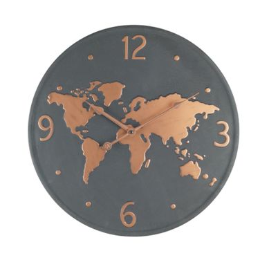 Horloge Murale Métal, Design Mappemonde, Gris Foncé Brun Cuivré, Salon Cuisine 45 Cm
