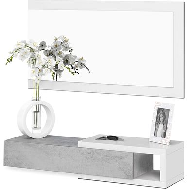 Meuble D'entrée Reversible 1 Tiroir + Miroir 95 X 26 X 19 Cm Béton-blanc Artik
