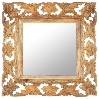 Miroir Sculpté À La Main Marron 50x50cm Bois De Manguier Massif