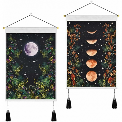 2 Pièces  35x50cm Noir Tapisserie Glands Lune Mur Art Coton Lin Fleur Tapisserie Décoration