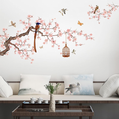 Peach Pink  Flower Wall Decals Chinese Style Wall Stickers For Living Room Pink Flowers Wall