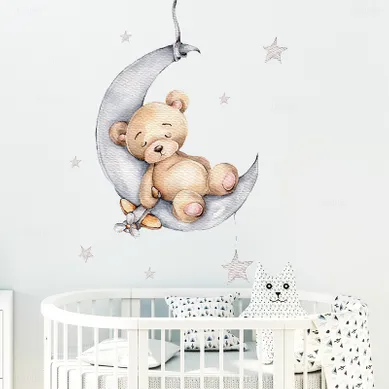 Stickers Muraux Forme D'ours Sur Les Nuages Autocollants Muraux Lune Étoile Ballon D'air Chaud