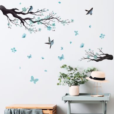 Stickers Muraux Branche De Fleur Autocollant Mural Fleurs Bleues Arbre Oiseaux Décoration Murale