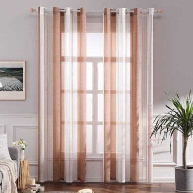 Lot De 2 Décorative  140x225cm Blanc+ Brun Rideaux Voilage Imprimes Fenêtre Design Moderne