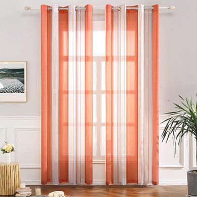 Lot De 2 Rideaux Oeillet Voilage Moustiquaire Broderie D'impression De Rayure En Polyester