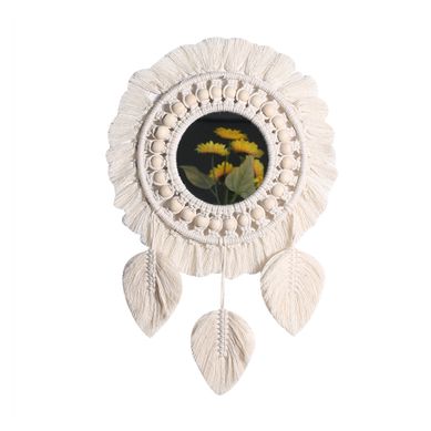 Beige,miroir Mural à Franges En Macramé Boho Avec Pendentif En Plumes De Perles De Bois Miroir Beige,miroir Mural à Franges En Macramé Boho Avec Pendentif En Plumes De Perles De Bois Miroir