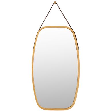 Miroir Mural Suspendu Avec Cadre En Bambou Et Sangle En Cuir Réglable Coin Arrondi 77x44x1,5cm