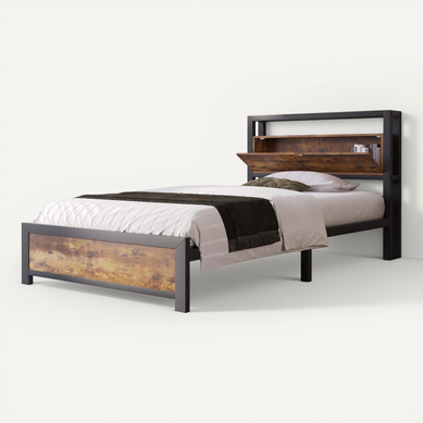 Lit 90x200 Cm Avec Tête De Lit Rangement - Cadre Métal Treillis, Design Industriel Pour Adulte Et Ado - 5