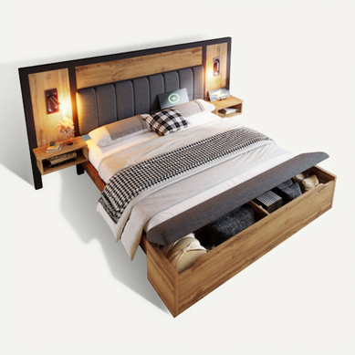 Lit double 160x200 cm en bois - avec 2 chevets et 2 tiroirs - 2