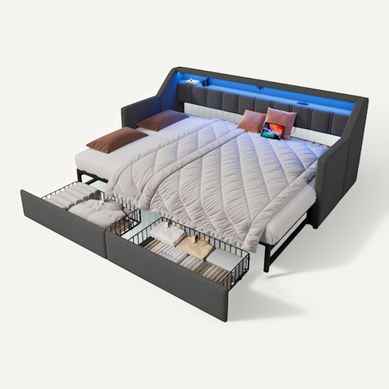 Lit gigogne - TANANT - 90x200 cm - Canapé lit convertible - Velours gris - 2 places - Maison