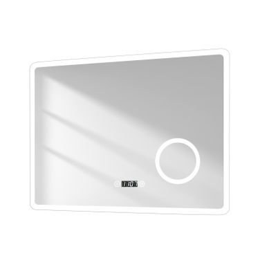 Miroir LED Lumineux Salle De Bain 80x60cm Anti-buée Tactile Loupe X3 Horloge 3 Couleurs