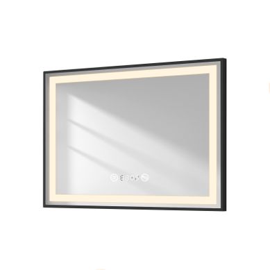 Miroir LED Salle De Bain 70x50cm Cadre Noir Tactile Anti Buée Horloge Température Lumière Neutre
