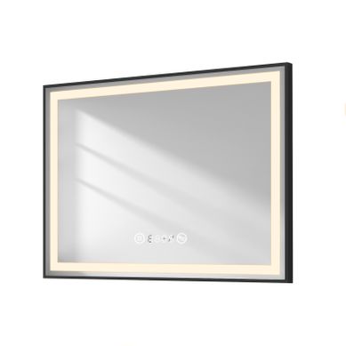 Miroir LED Salle De Bain 80x60cm Cadre Noir Tactile Anti Buée Horloge Température Lumière Neutre