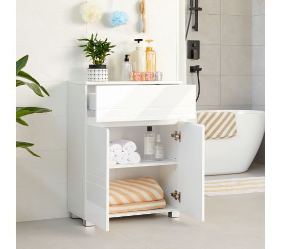 Meuble Salle De Bain Blanc Avec Portes, Tiroir Et étagères - 80x34x81cm - Rangement Organisé Pour Serviettes Et Produits