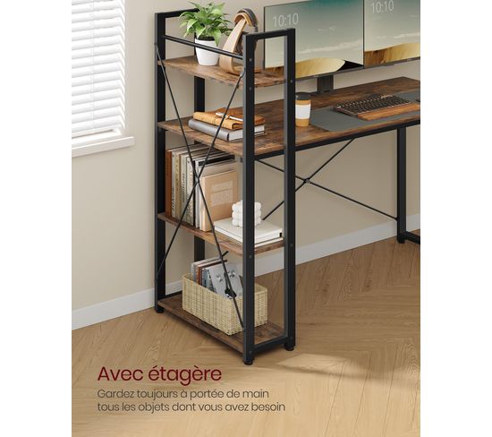 VASAGLE Bureau Ordinateur 120 Cm Avec Étagères Réversibles Gauche/Droite - Style Rustique & Noir
