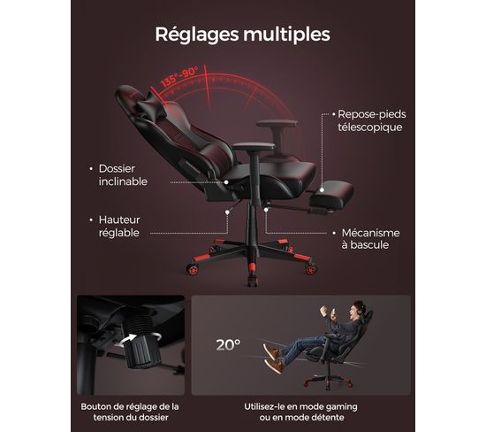 Fauteuil Gaming SONGMICS - Dossier Inclinable, Accoudoirs 3D, Repose-pieds - Support 150 Kg - Noir/Rouge