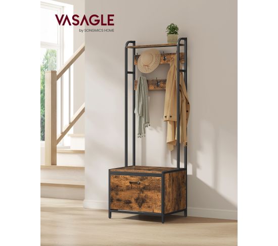 Meuble D'entrée Industriel Avec Banc Et Rangement Chaussures - Bois Brun Rustique, 8 Crochets