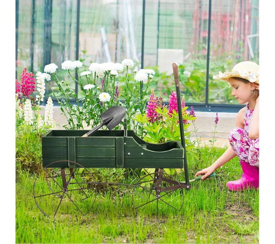Brouette Jardinière En Bois COSTWAY - 2 Compartiments à Planter Avec Roues | 62x34x60cm, Charge 15kg