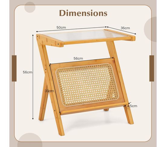 Table D'appoint Rotin Bambou Avec Plateau Verre - Style Bohème 70x44x54cm