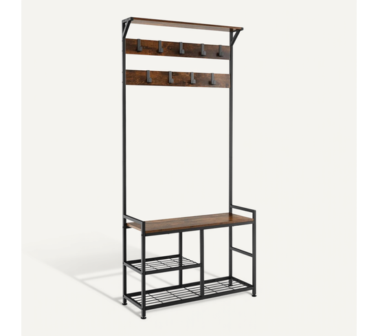 Meuble D'entrée Industriel Avec Banc Et Rangement Chaussures - Porte-manteaux, Style Rustique Brun - 5