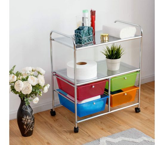 Chariot De Rangement 4 Tiroirs Sur Roulettes - Plateau Bois - Gris - Pour Cuisine, Salon, Bureau - 5