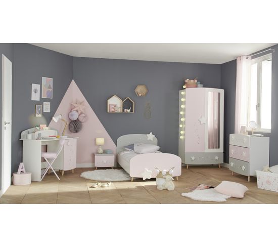 Armoire 2 Portes Et 1 Tiroir Etoiles Gris Rose Et Blanc Armoire But