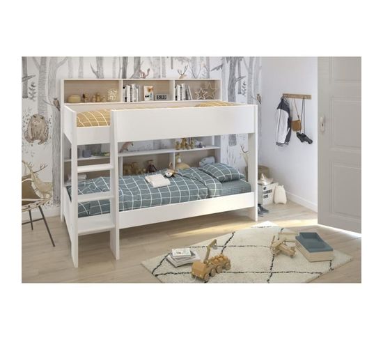 Lit Superposé Mezzanine Homestyle4u Blanc – Avec 2 Matelas, Tiroir, 90x200 Et 140x200