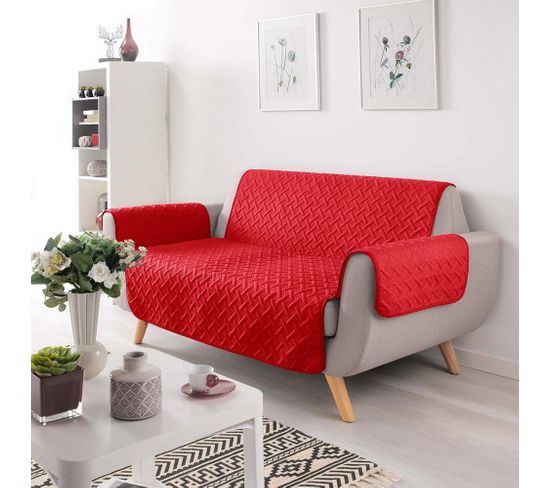 Canapé 3 places convertible express en tissu rouge - Couchage à lattes larges 140 cm - Matelas 18 cm CALIFE